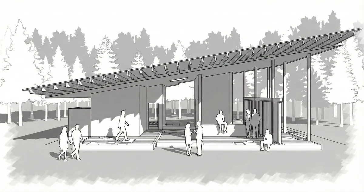 Illustrated study of an open-sided pavilion with a sweeping timber roof