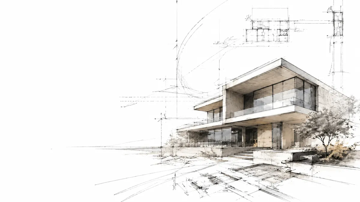 Illustrated study of a modern waterfront house, with plan and elevation sketches overlaid